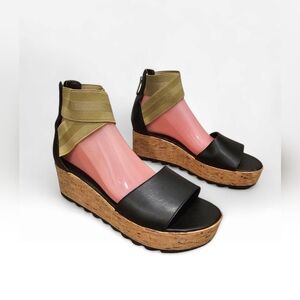 SOREL Cameron Flatform Olive Green Gore Ankle Straps Cork Platform Sandals 40/9